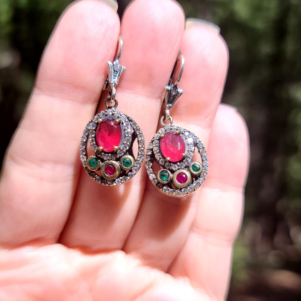 Ruby Emerald &Topaz Turkish style sterling gold & bronze earrings